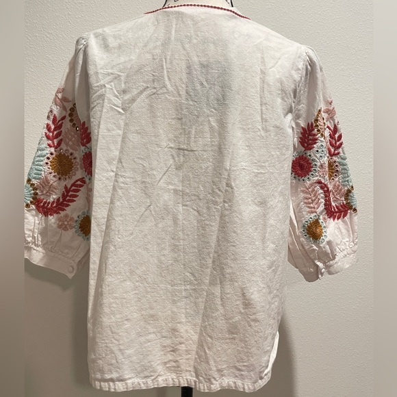 Madewell Blouse White Colorful Embroidered Popover Sleeve Hippie 70’s Vibes Sz M - Picture 10 of 15